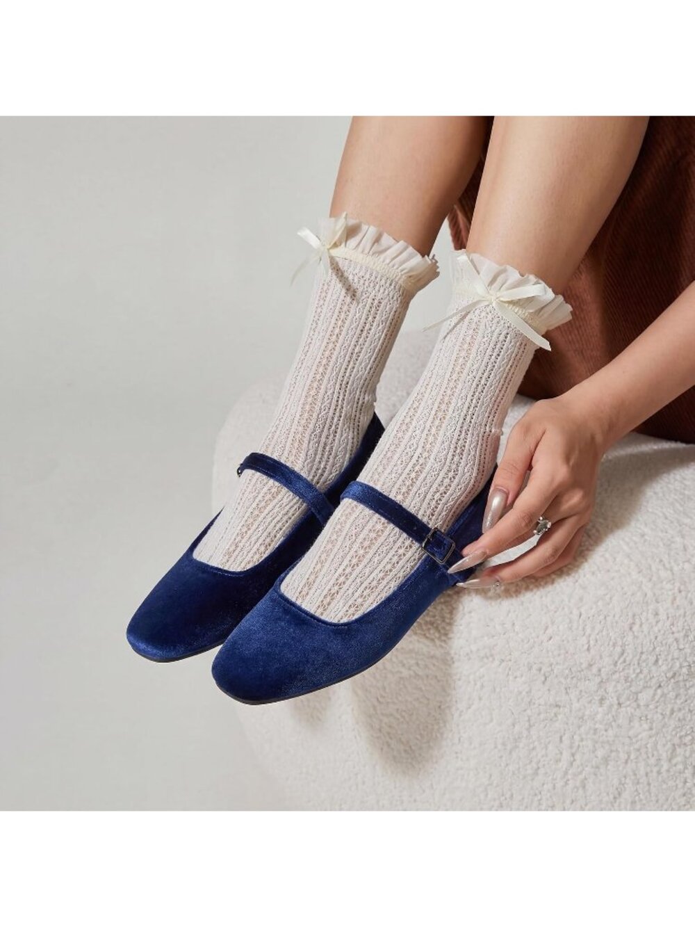 Women's Velvet Blue Comfortable Ankle Strap Square Toe Mary Jane Ballet Flat - Picture 2 of 6